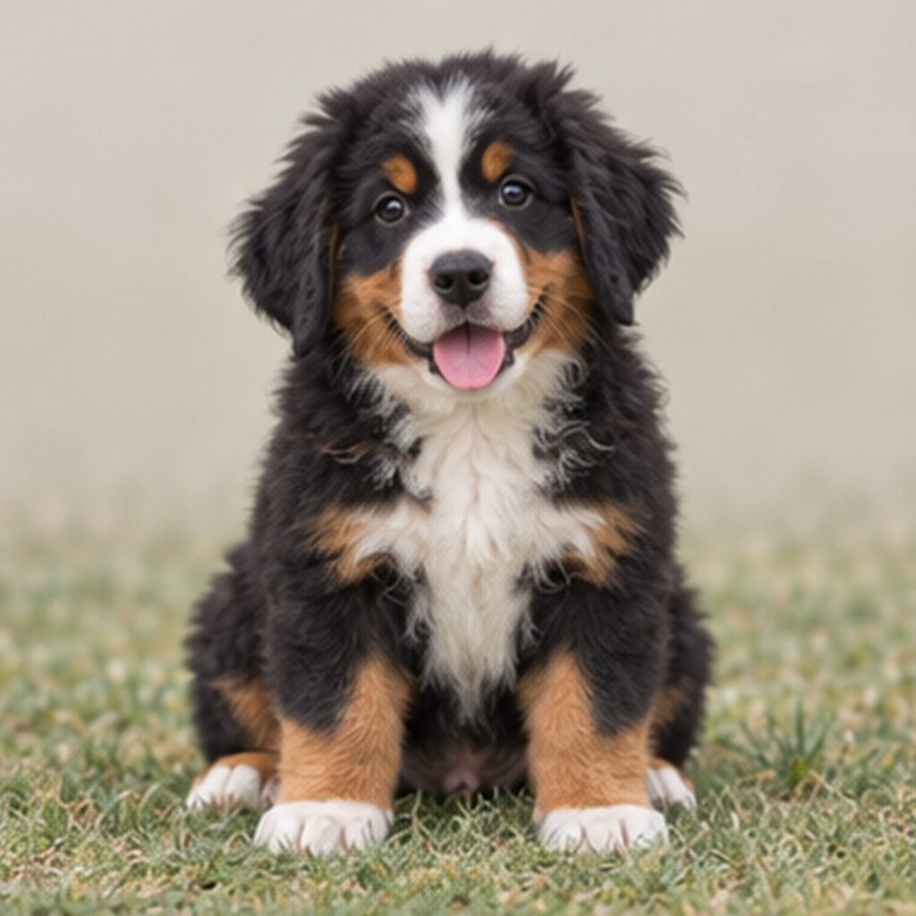 Fluffy black, white, and rust coat with a friendly expression, standing proud
