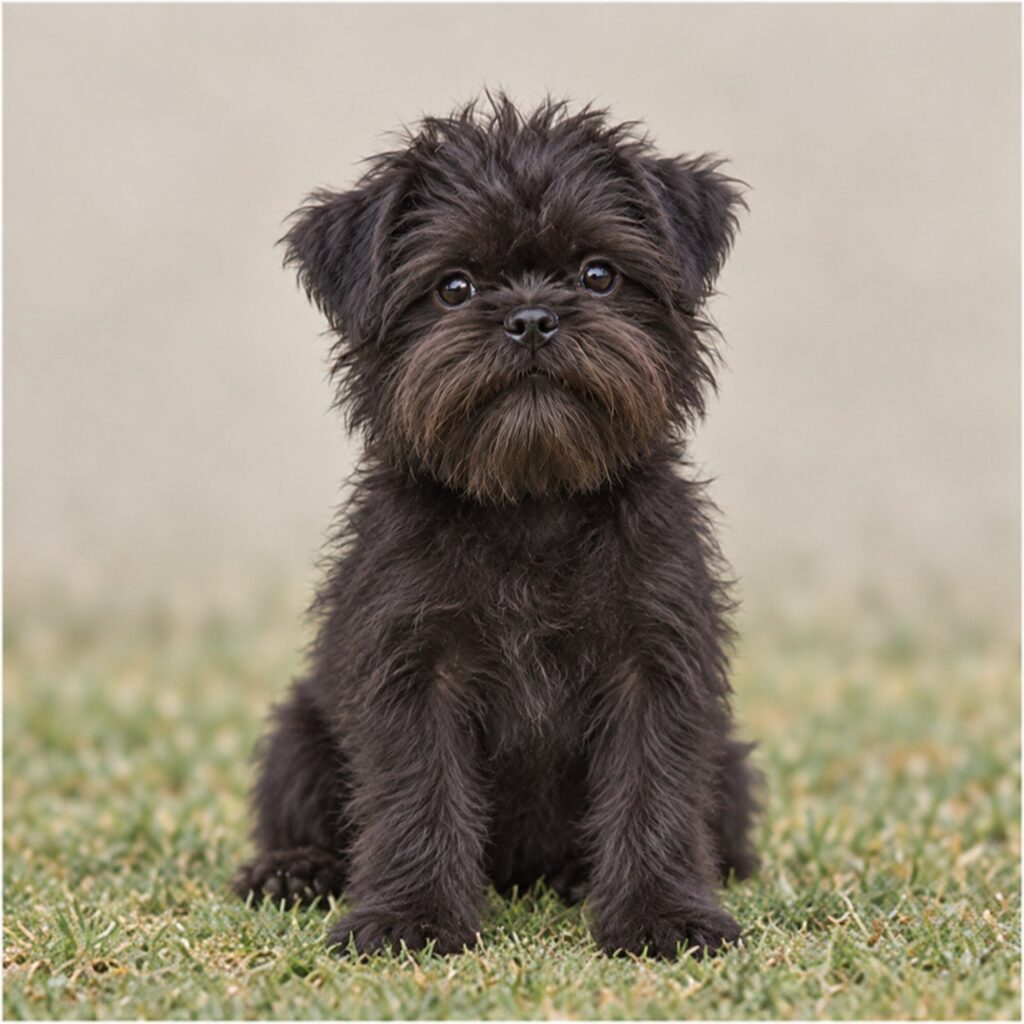 Small, wiry dog with a shaggy black coat and alert expression