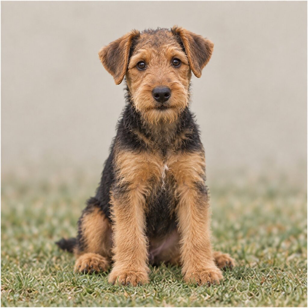 Airedale Terrier with a wiry tan and black coat, standing proudly