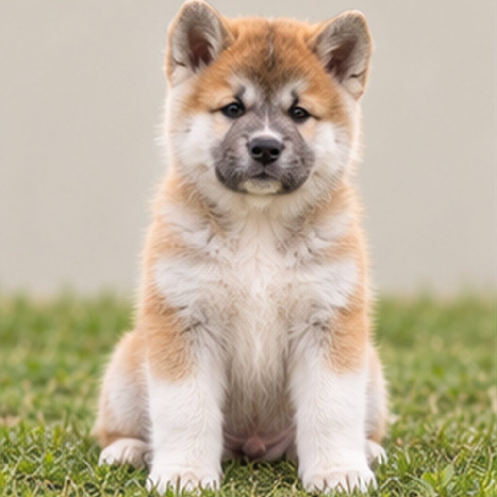 Large, fluffy Akita with a brindle coat standing proudly, ears perked up