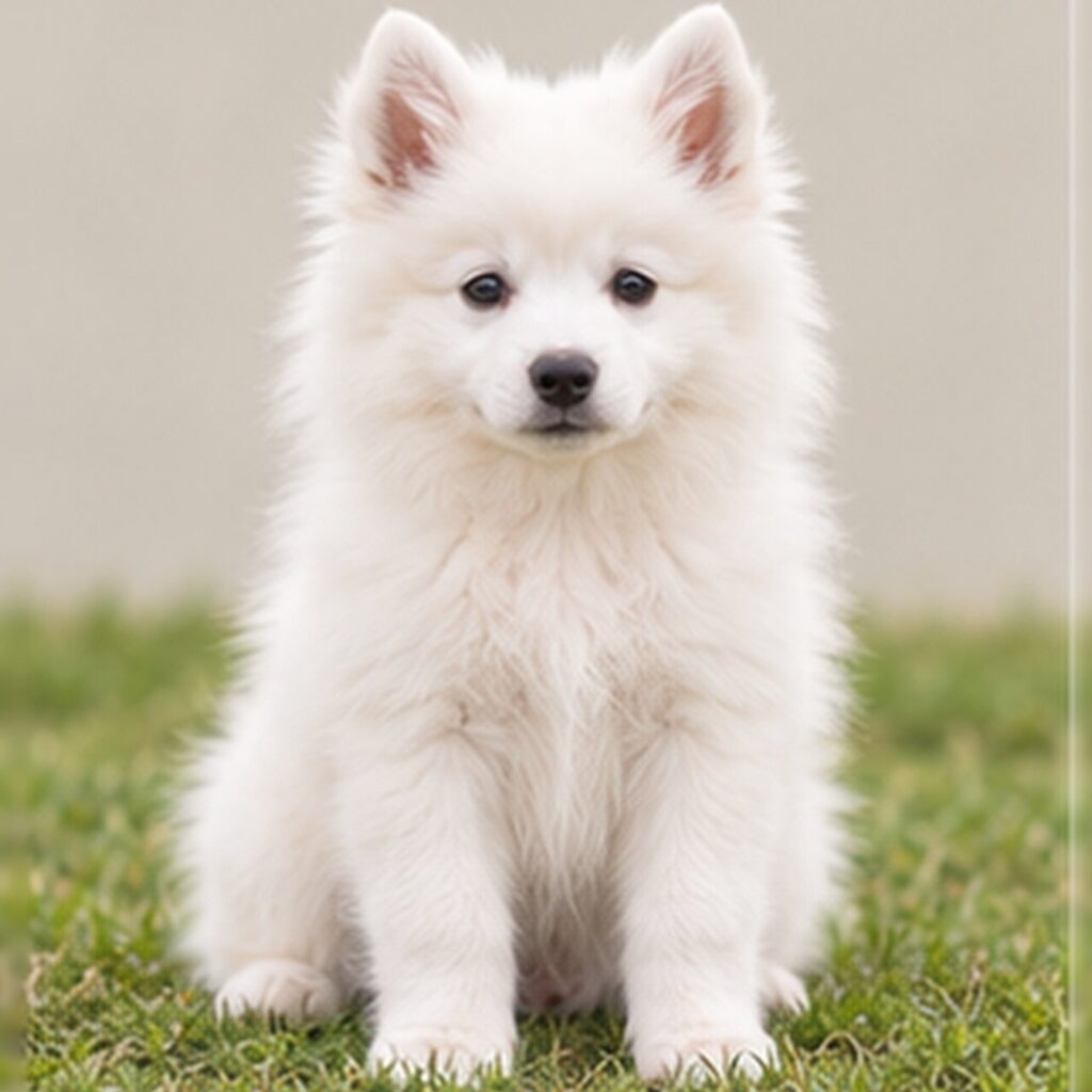 Fluffy white dog with a smiling expression, standing proudly on grass
