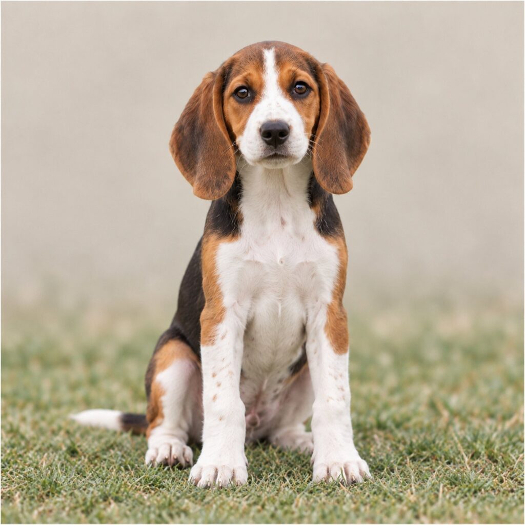Tall American Foxhound with a sleek coat, standing alert in a grassy field