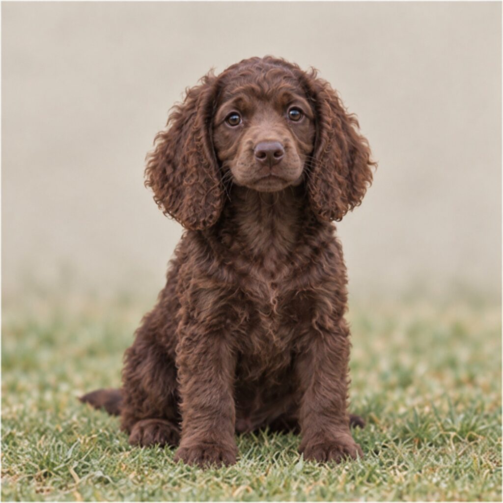 Lively brown dog with wavy coat standing in a grassy field