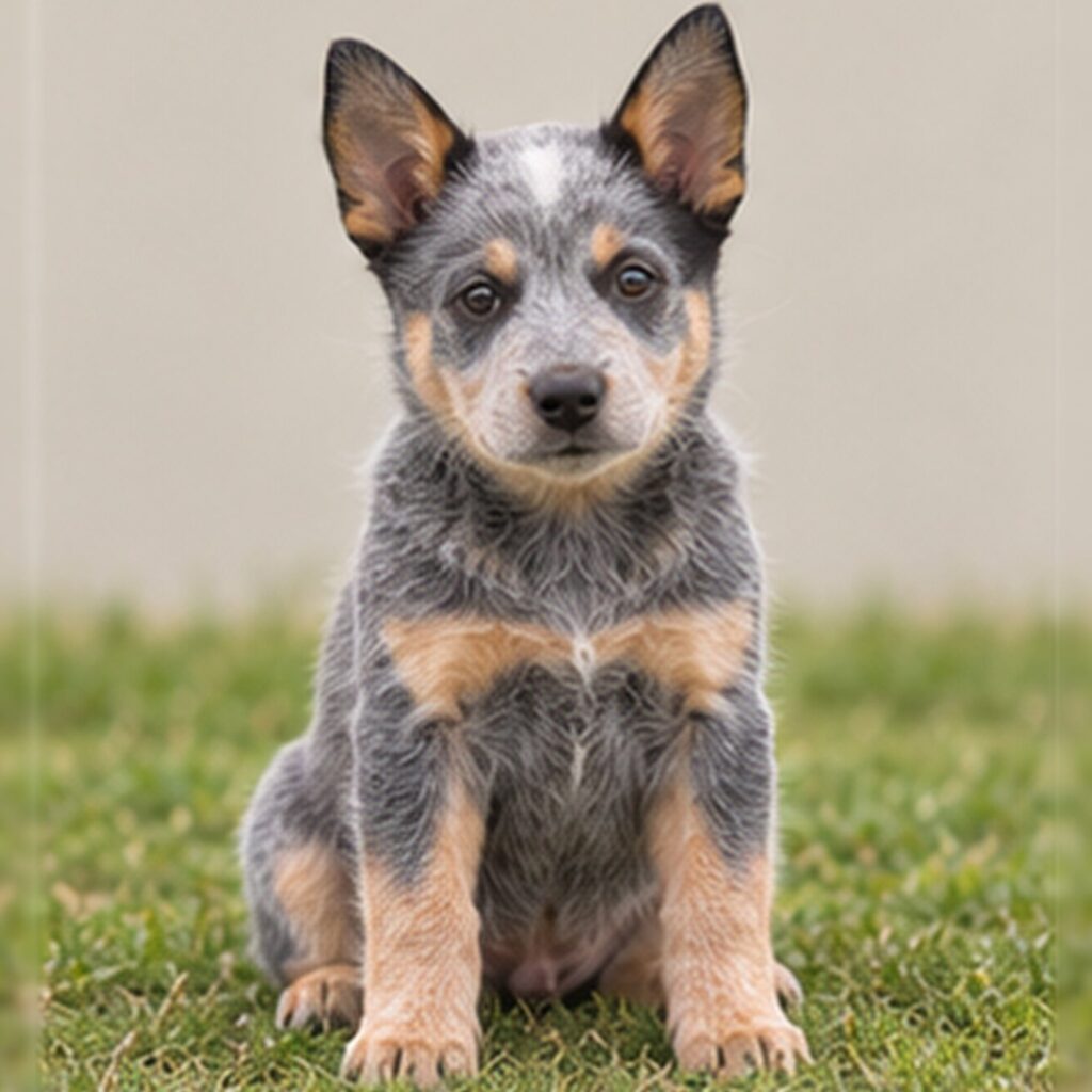 Blue-coated dog with erect ears, standing alert in grassy field