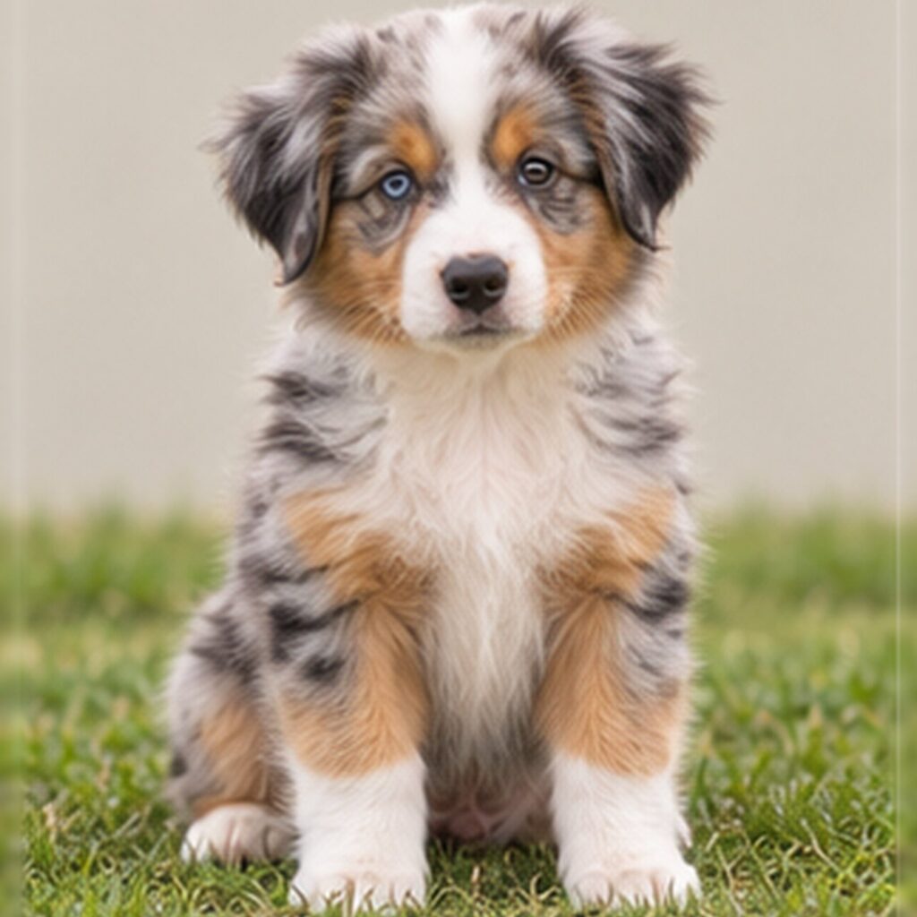 A tri-color Australian Shepherd standing alert with a beautiful merle coat
