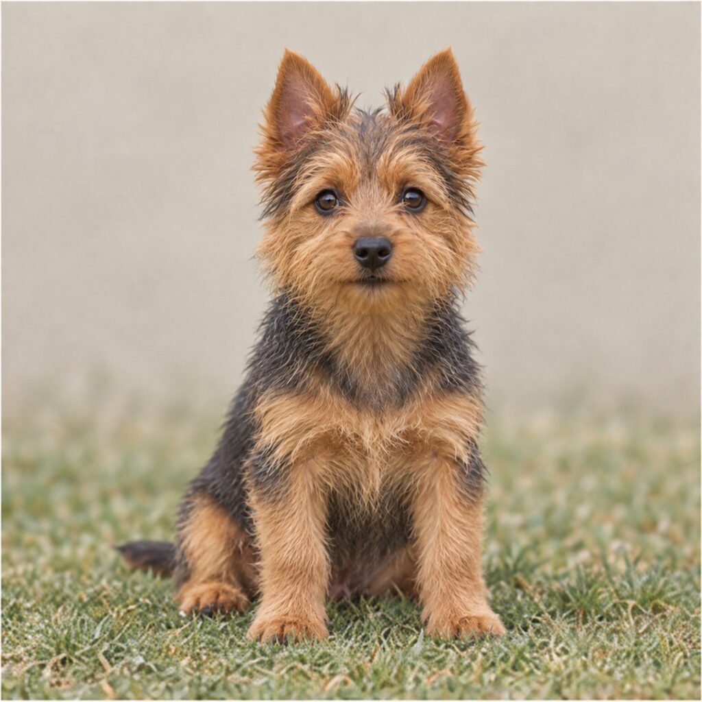 Small, wiry dog with a coarse, sandy-colored coat standing confidently outdoors