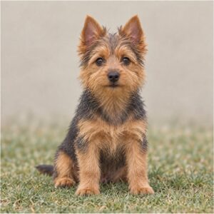 Small, wiry dog with a coarse, sandy-colored coat standing confidently outdoors