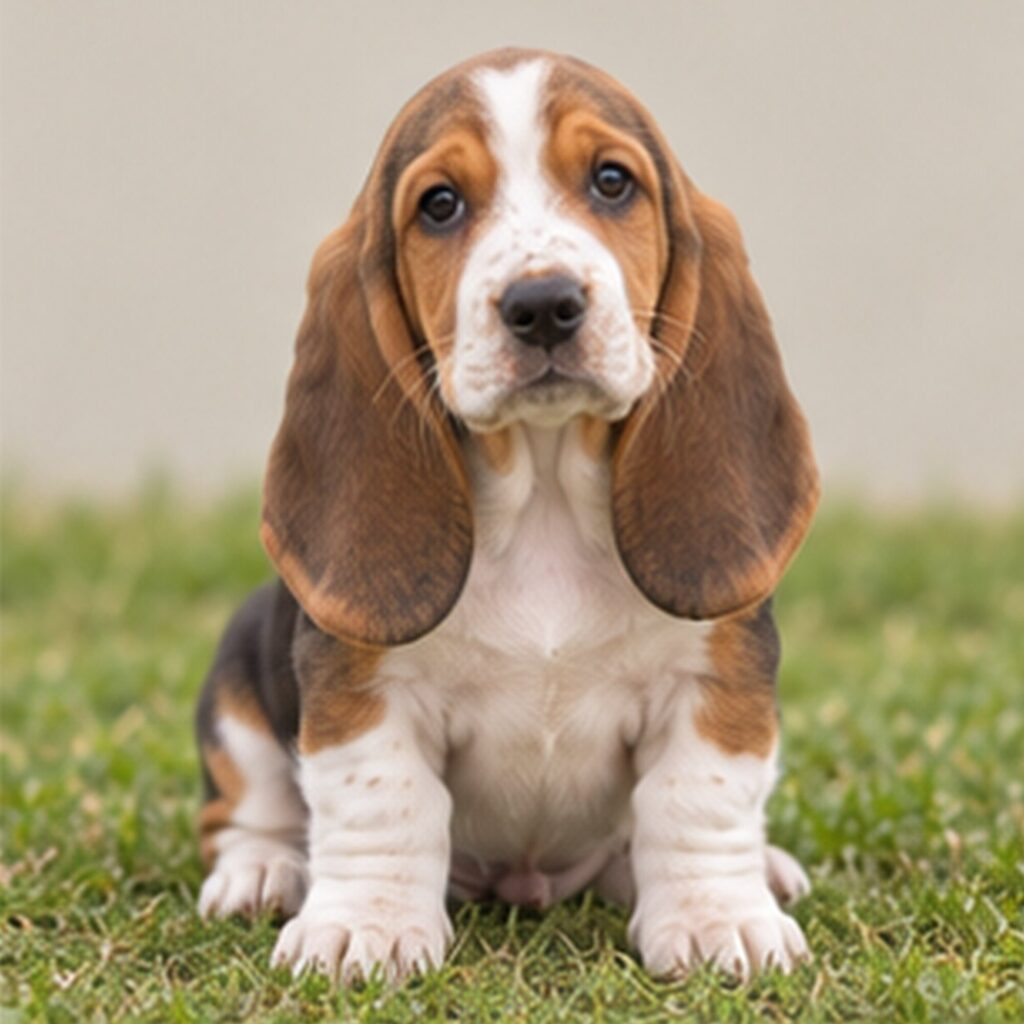 A long-eared Basset Hound sits proudly with a relaxed expression, brown and white coat