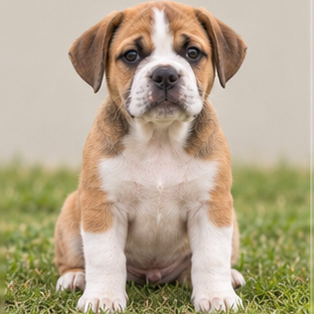 A small, muscular dog with a short brindle coat sitting attentively