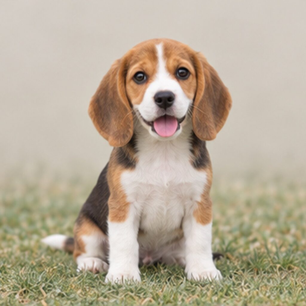 Tri-color beagle sitting upright with a curious expression and short, smooth coat