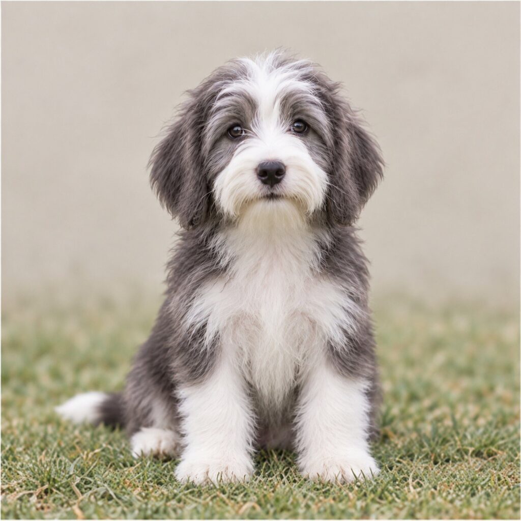 Fluffy, medium-sized dog with a long, shaggy coat and lively expression