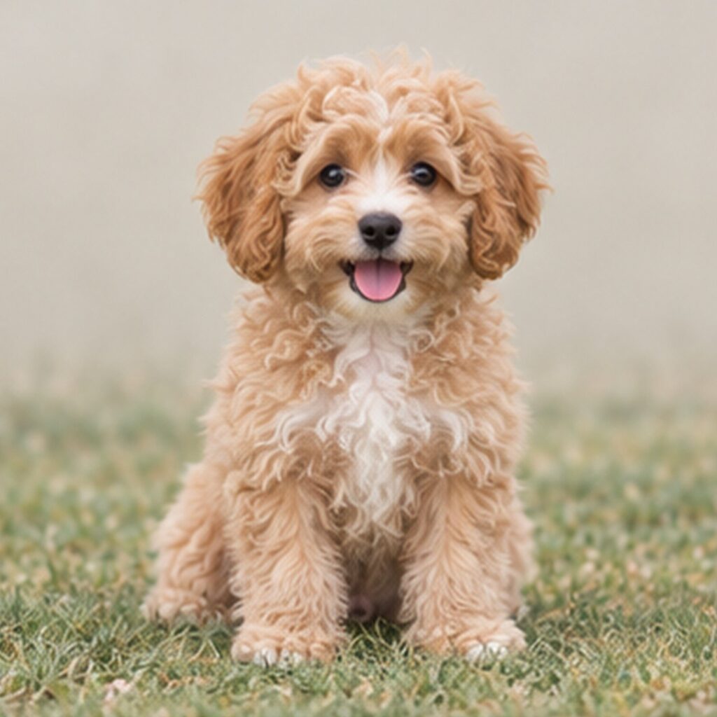 Fluffy, white dog with curly coat, sitting happily on grass