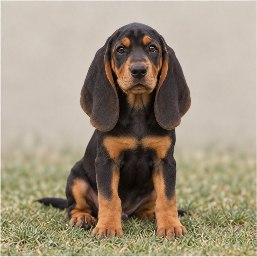 A sleek black and tan coonhound standing alert with its tail raised