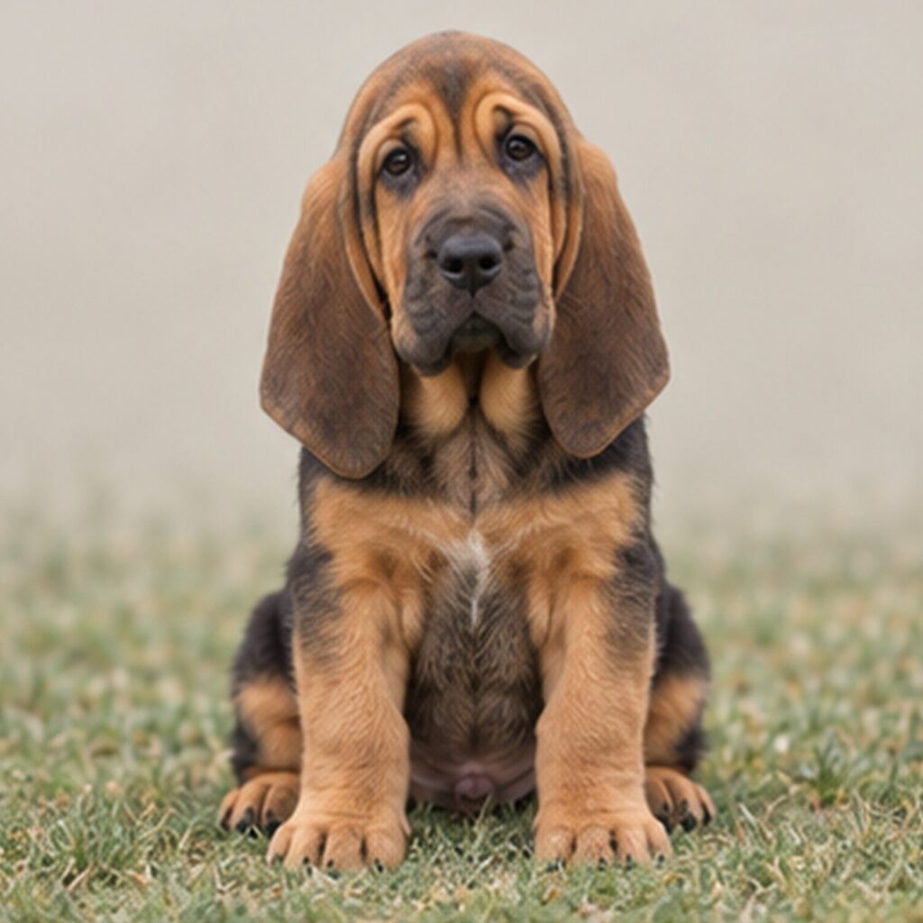 Large, droopy-eared dog with a reddish-brown coat standing alert outdoors