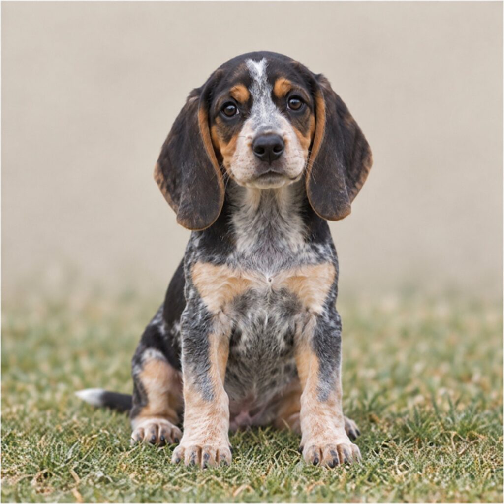 Spotted bluetick coat, alert posture, and expressive brown eyes