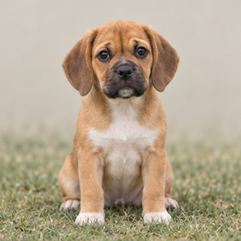 Brown and white dog with a shiny coat, standing alert and playful
