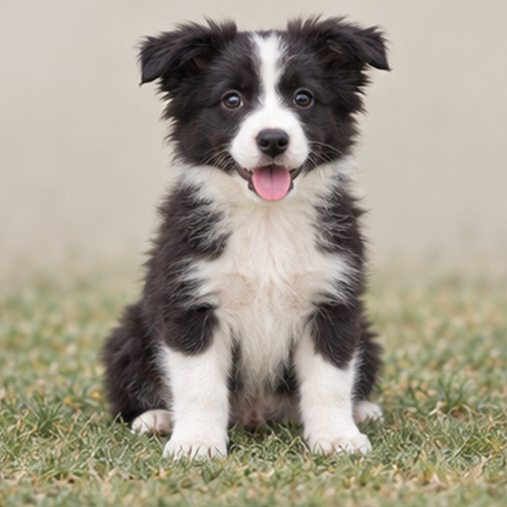 Black and white Border Collie sitting attentively, with alert ears and expressive eyes
