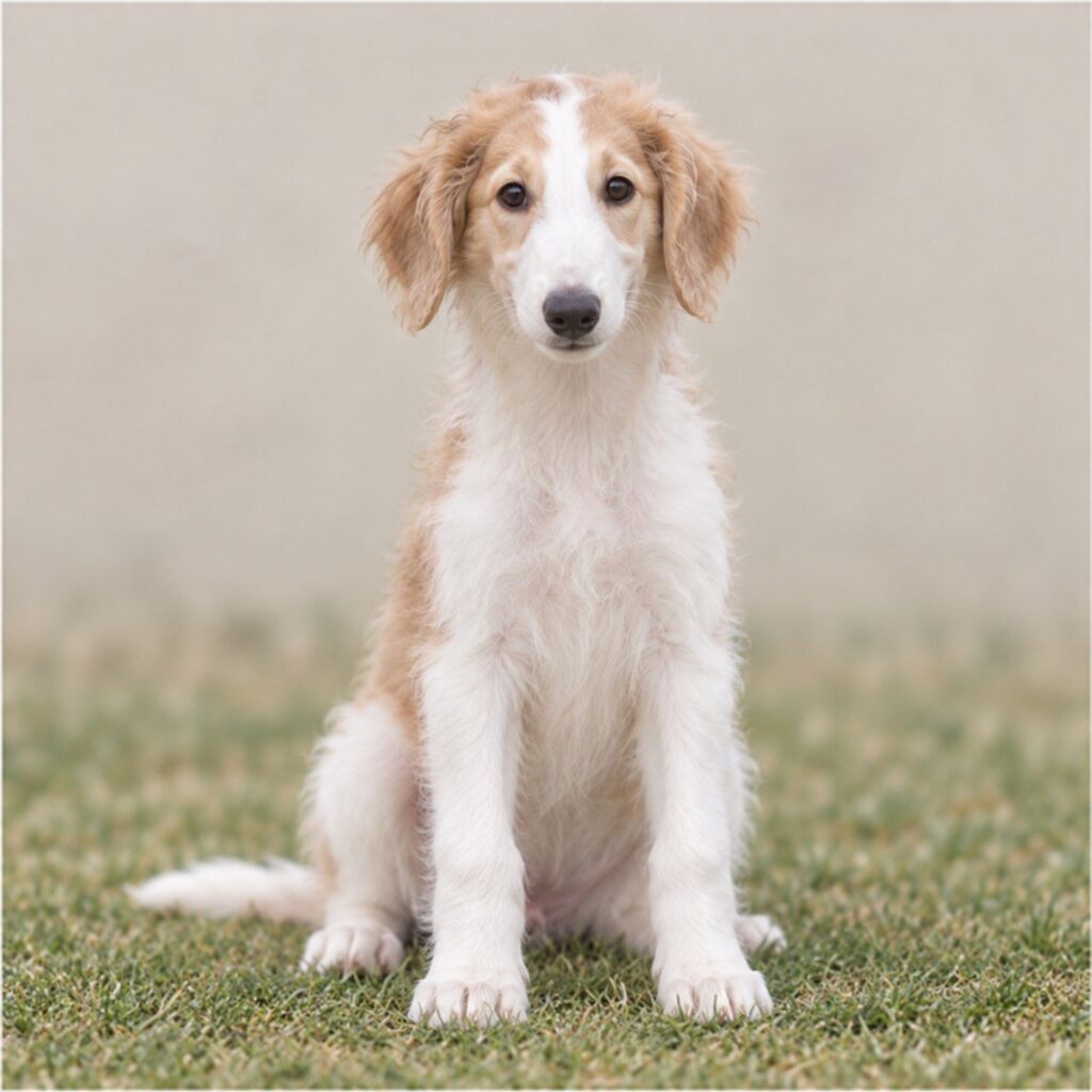 A tall, elegant Borzoi with a flowing, silky white coat sitting gracefully