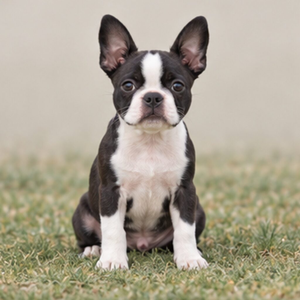 Black and white Boston Terrier sitting upright, looking curiously at the camera
