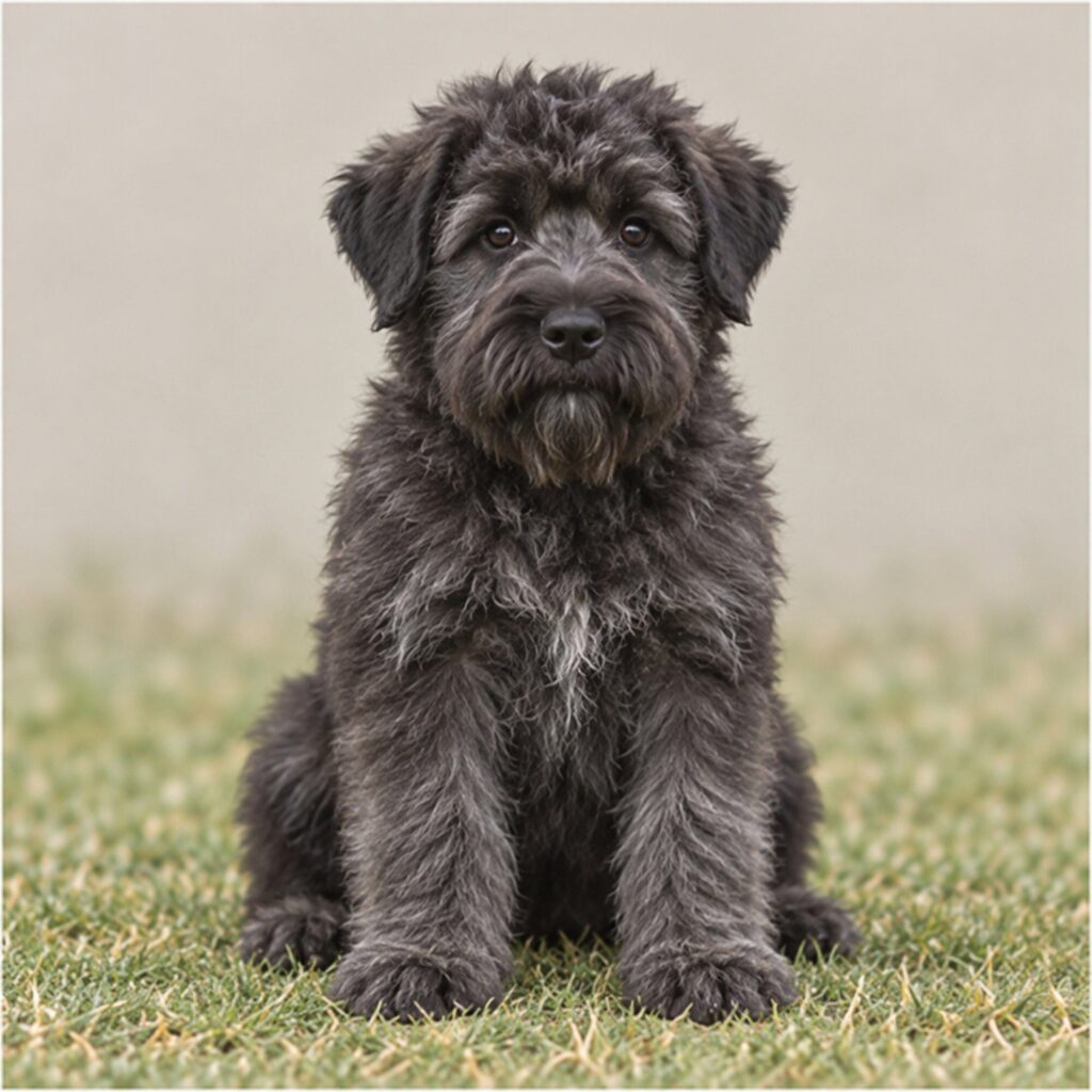 Large, shaggy black dog with a sturdy build standing attentively