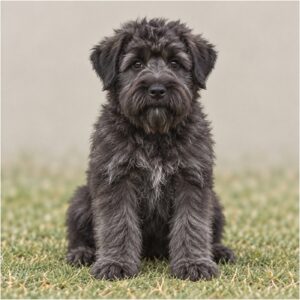 Large, shaggy black dog with a sturdy build standing attentively