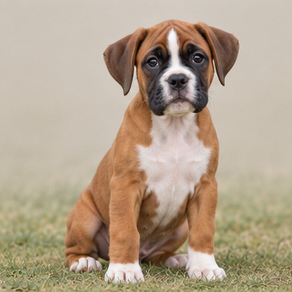 Brindle-coated boxer standing proudly with alert ears and muscular build