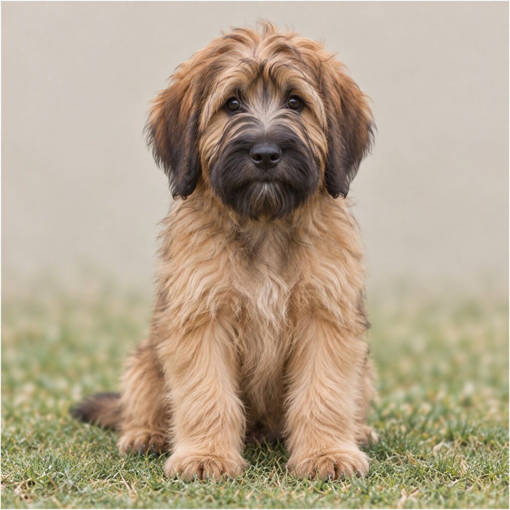A shaggy-coated Briard standing proudly, showcasing its long, flowing hair and alert expression