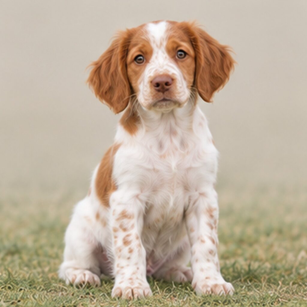 A lively orange and white dog standing gracefully in a field