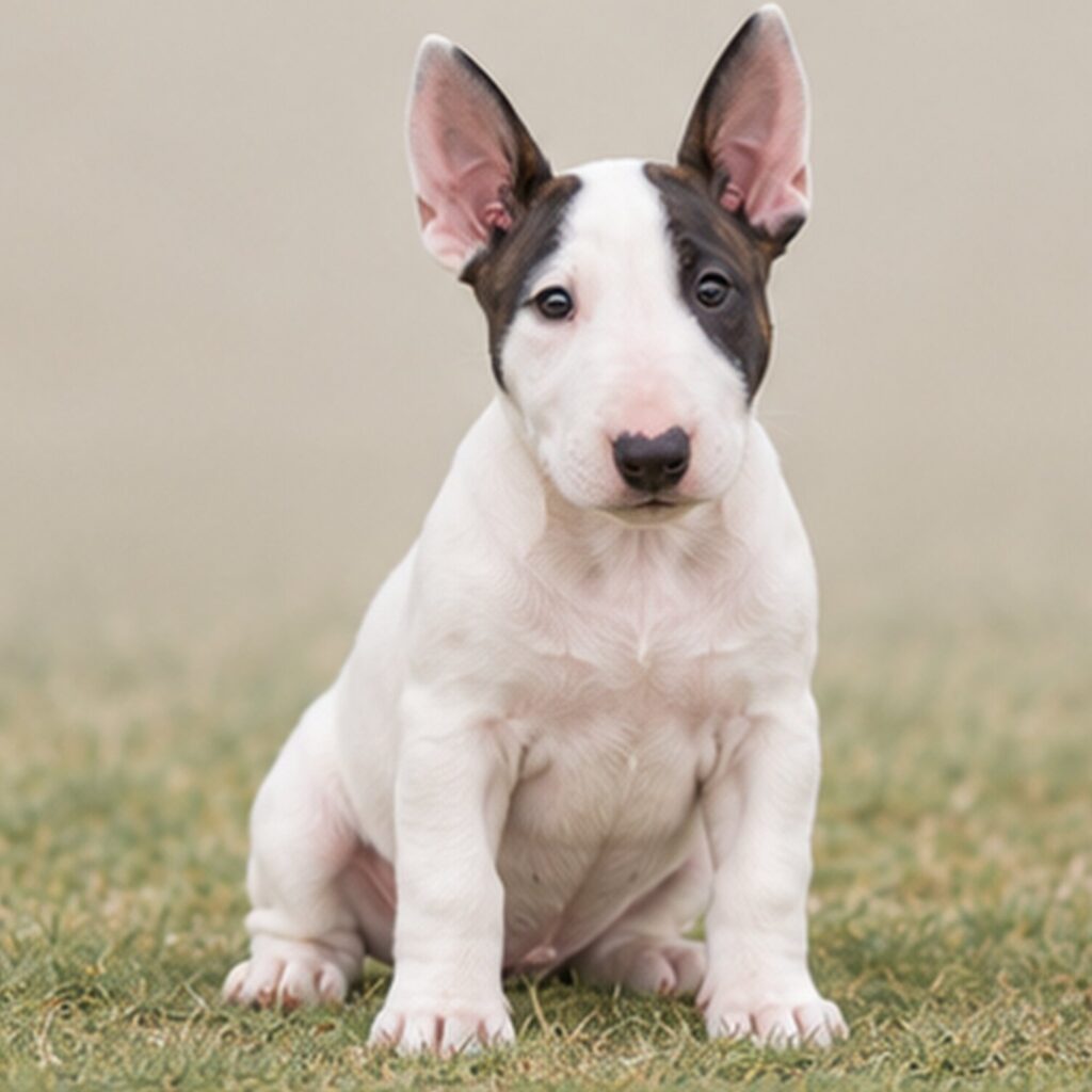 White Bull Terrier with a muscular build standing proudly and alert