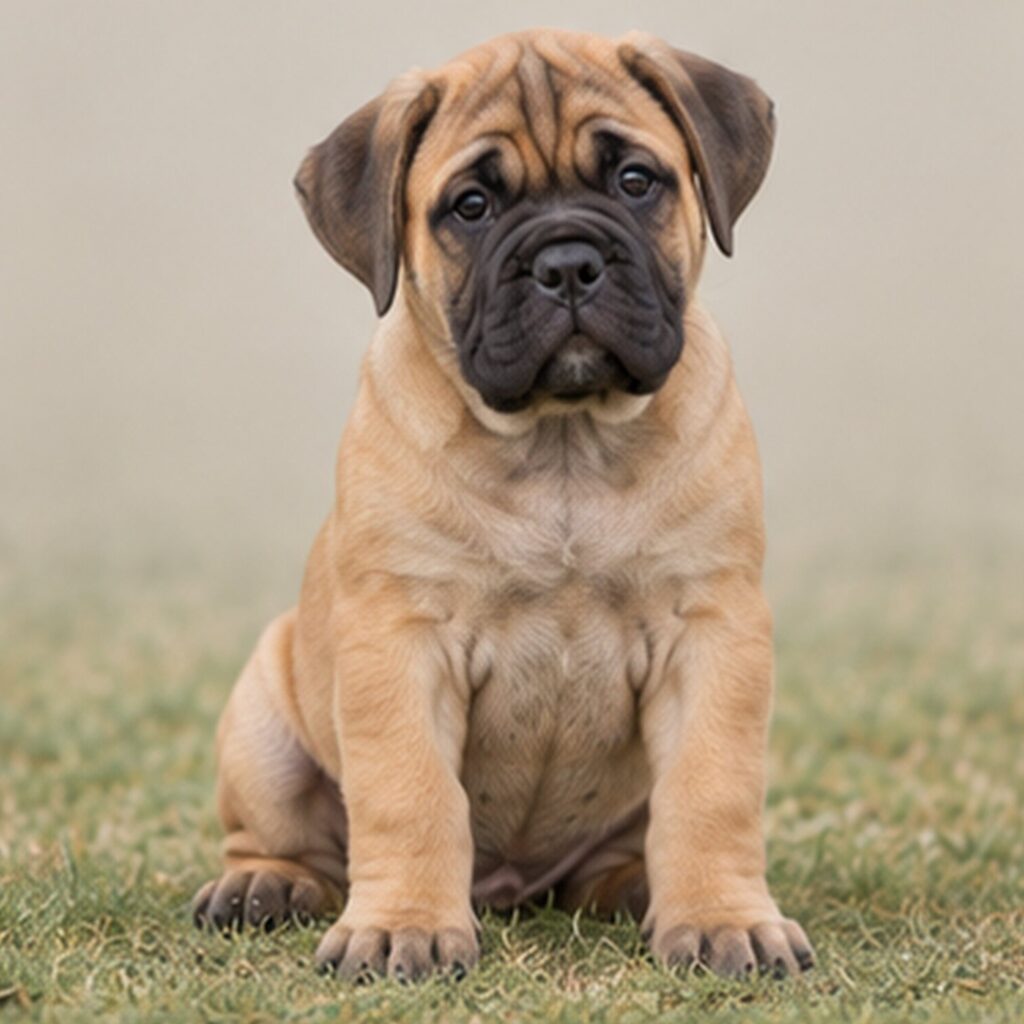 Powerful dog with a short, brindle coat sitting proudly on grass