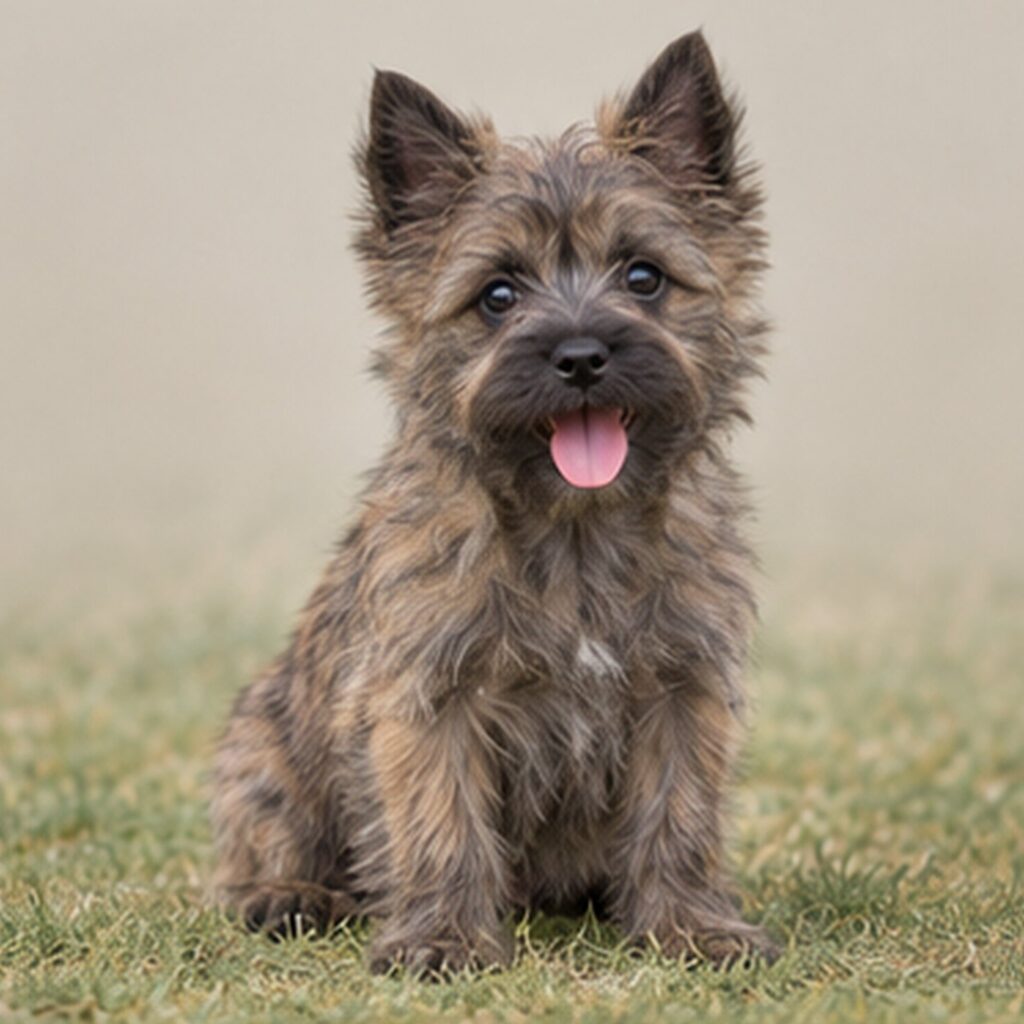 Scruffy, brown fur with perky ears and a playful stance