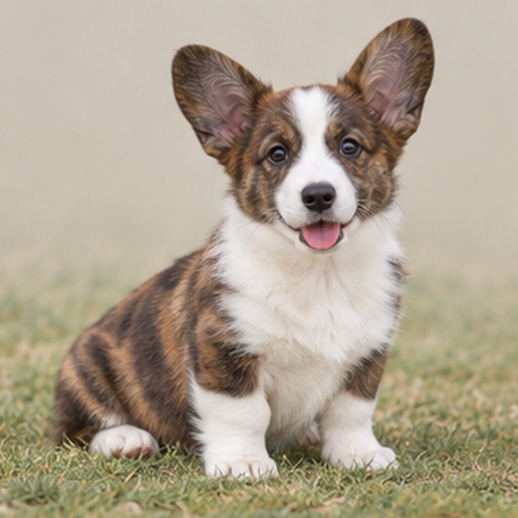 Short, stout dog with a brindle coat and upright ears, standing confidently