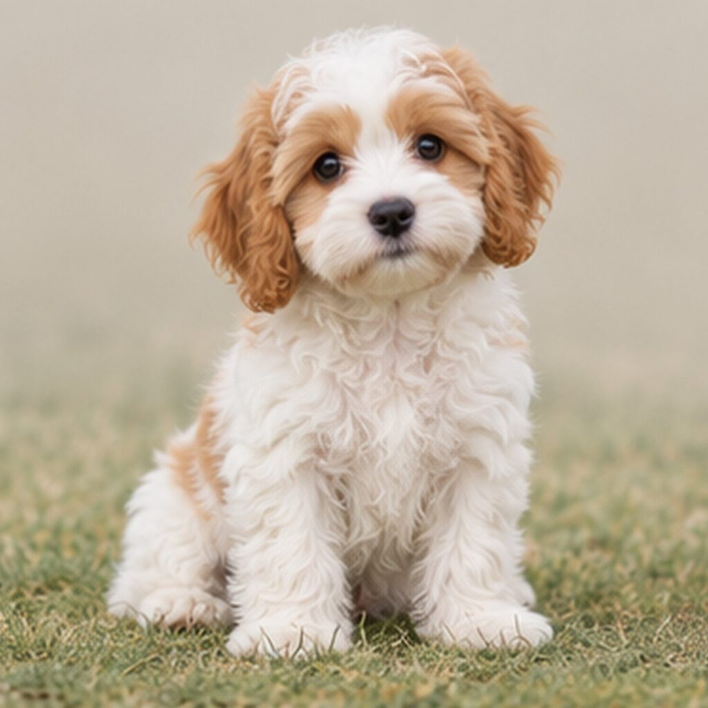Fluffy, cream and brown dog sitting happily with a playful expression