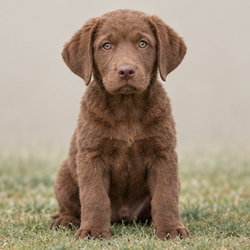 A brown Chesapeake Bay Retriever standing confidently by the water's edge