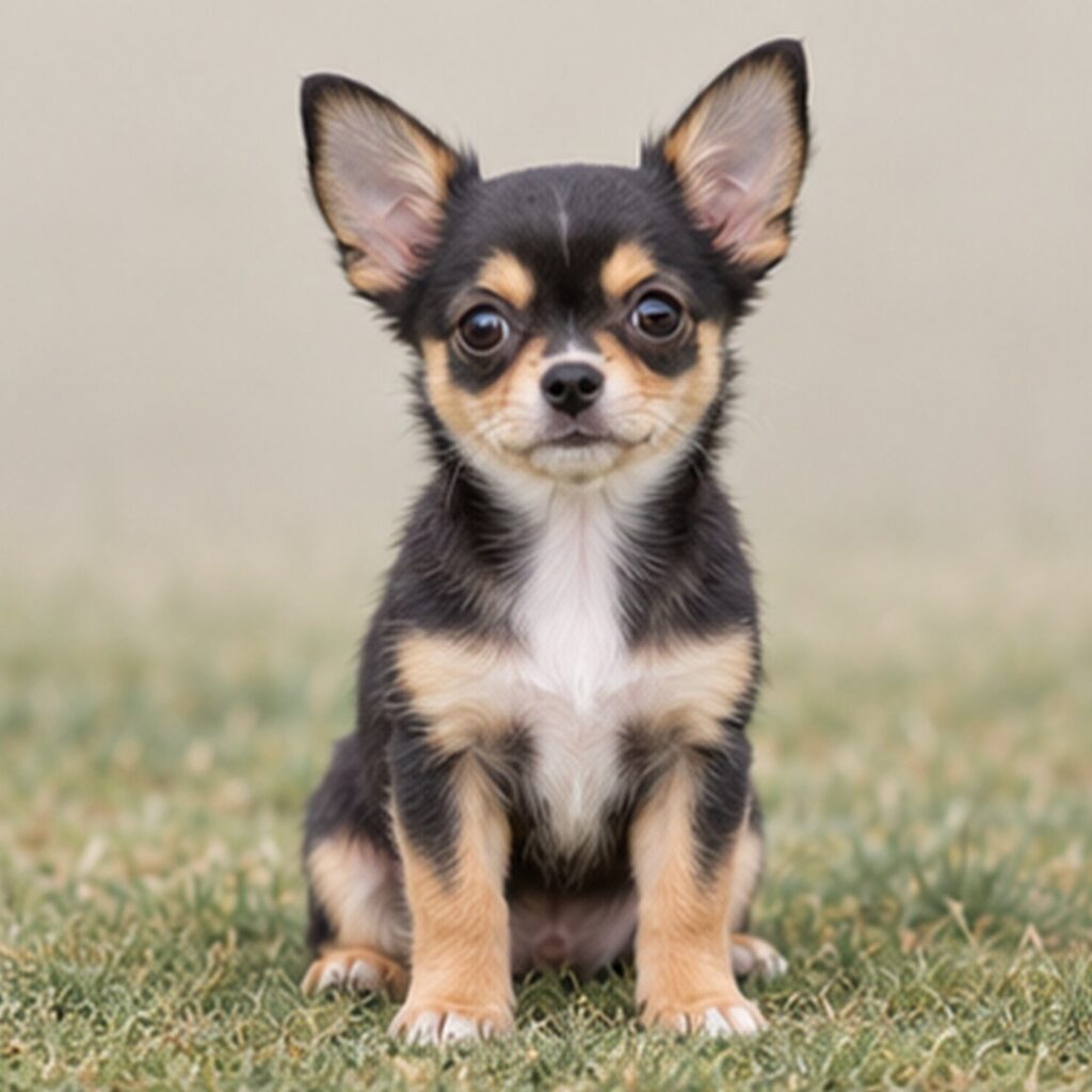 Small tan and white Chihuahua standing alert with perked ears