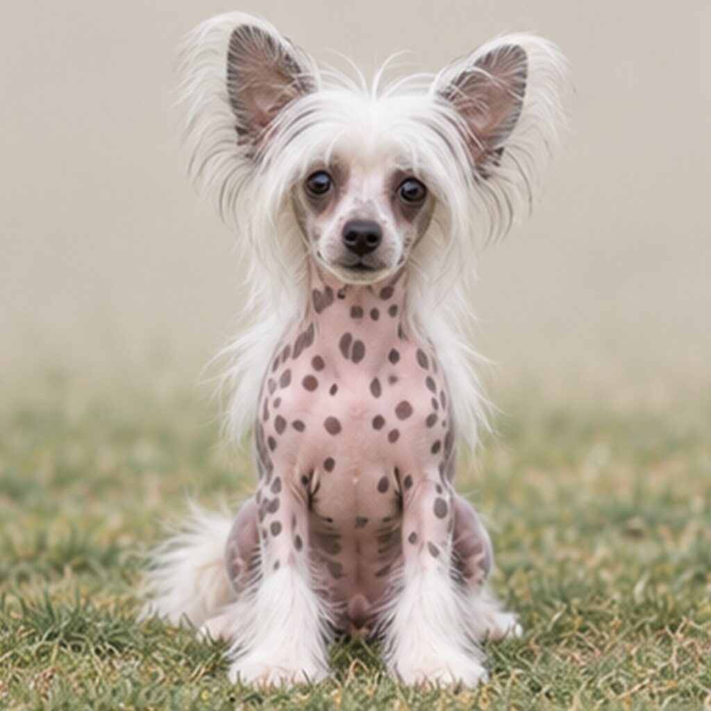 Hairless dog with exposed skin, fluffy crest on head, standing proudly