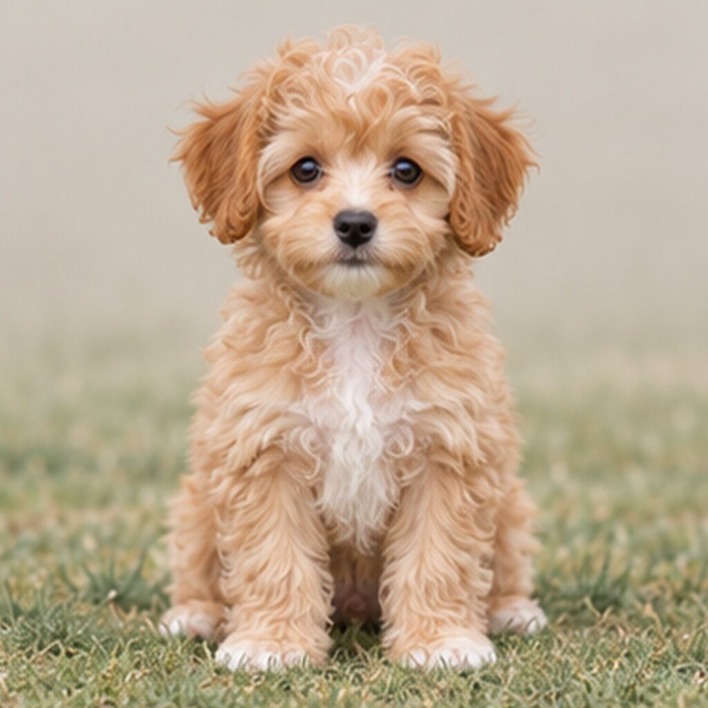 Small, fluffy dog with a curly coat, playful expression, and alert posture