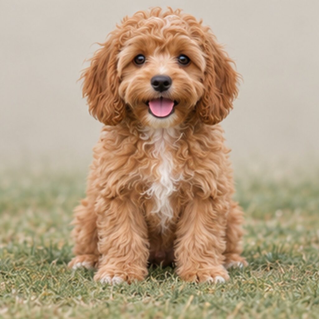 Fluffy Cockapoo with wavy coat, sitting playfully with a happy expression
