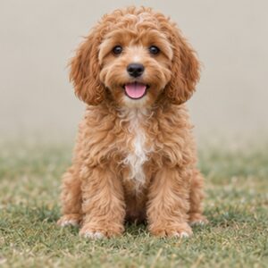 Fluffy Cockapoo with wavy coat, sitting playfully with a happy expression