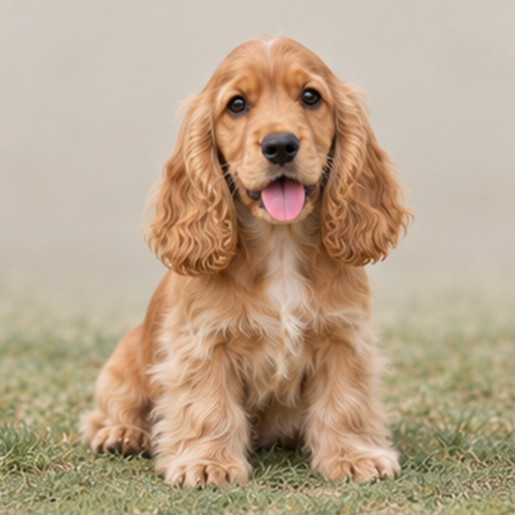 Golden-brown Cocker Spaniel with wavy coat sitting proudly on grass