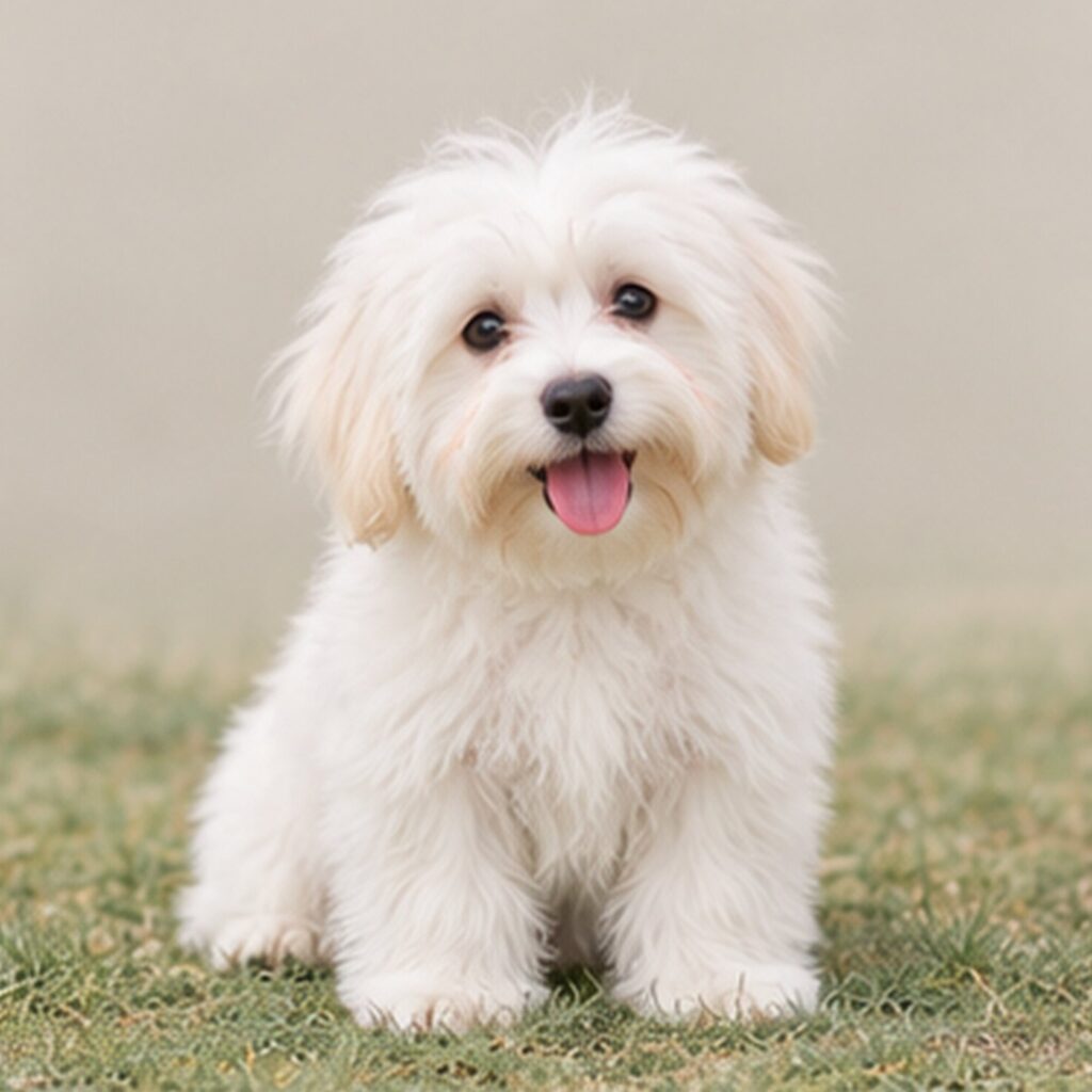 Fluffy white dog with long, curly coat sitting proudly on grass