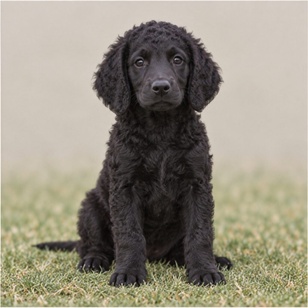 Elegant Curly-Coated Retriever with glossy black coat, standing proudly outdoors