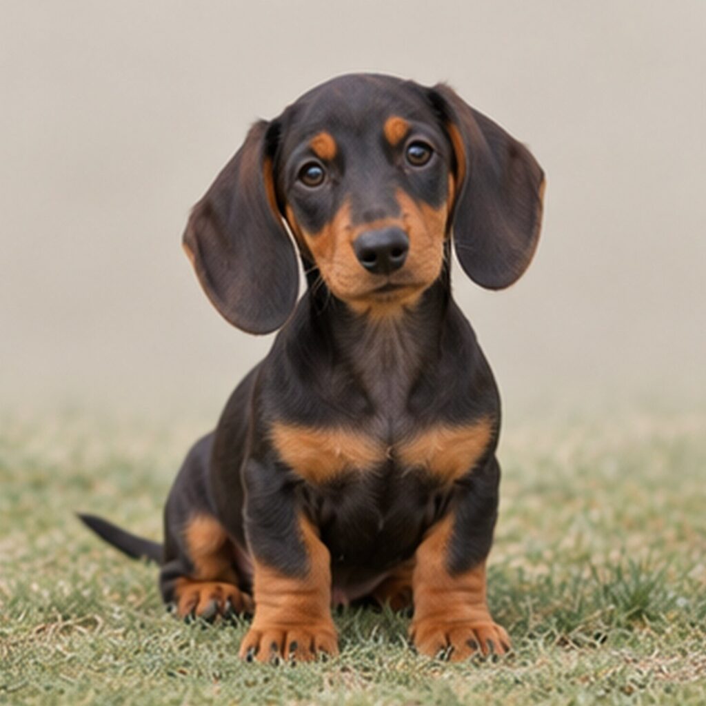 Short-bodied dog with long, smooth coat, and alert posture