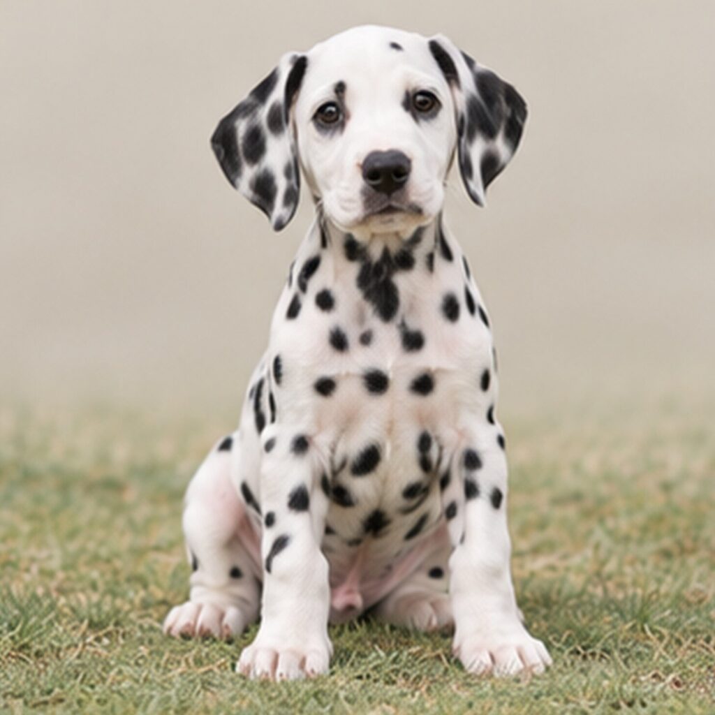 Spotted white coat, standing proudly with alert expression and perked ears