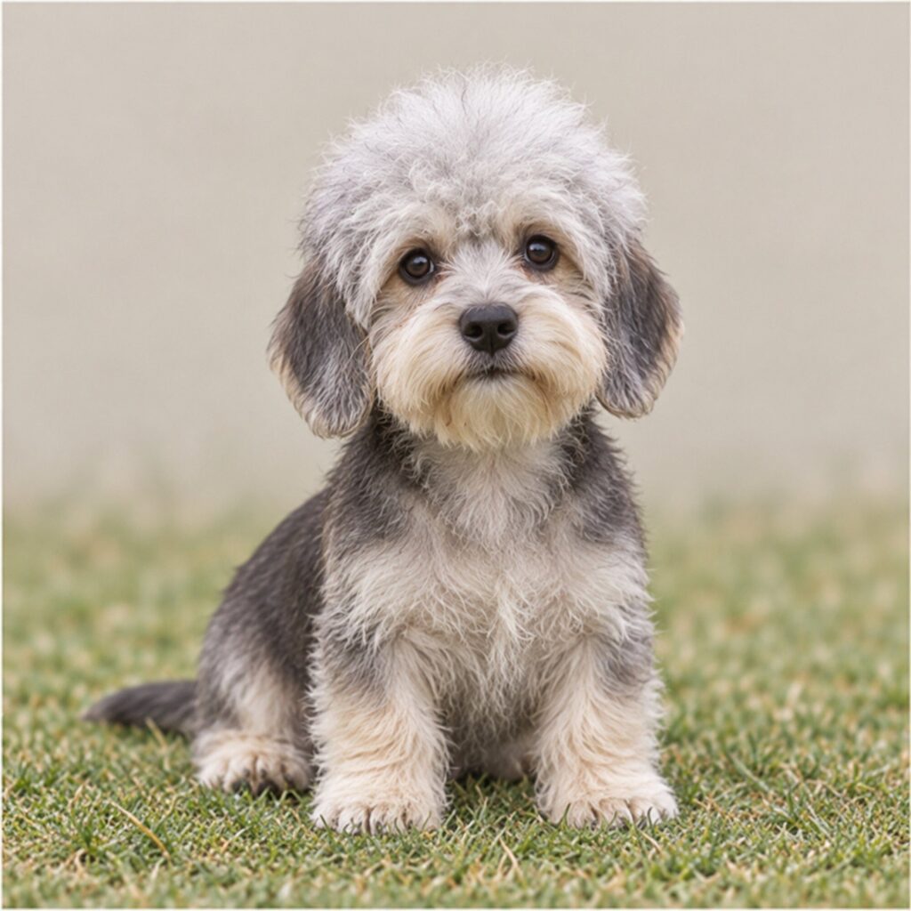 A Dandie Dinmont Terrier with a wiry coat, standing proudly, showcasing its distinctive topknot