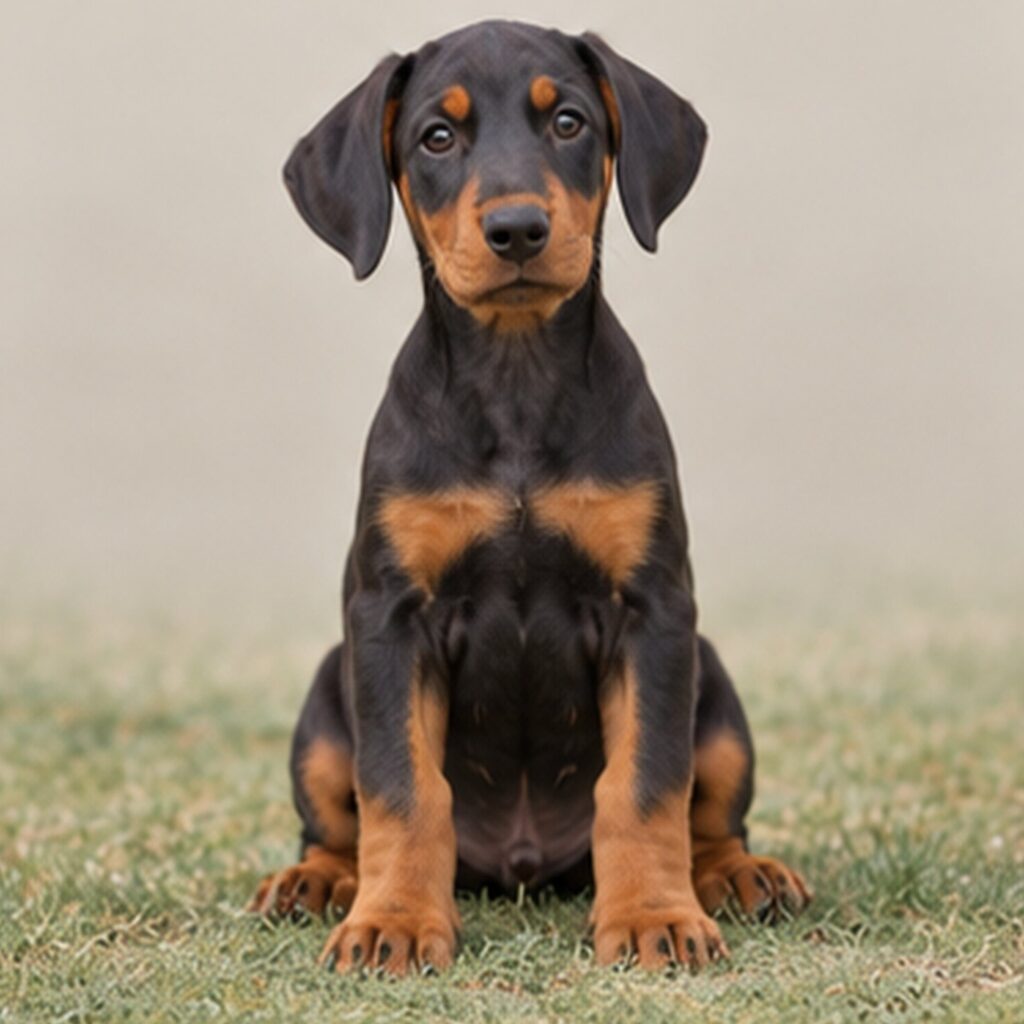 Sleek black and tan Doberman standing proudly with alert expression