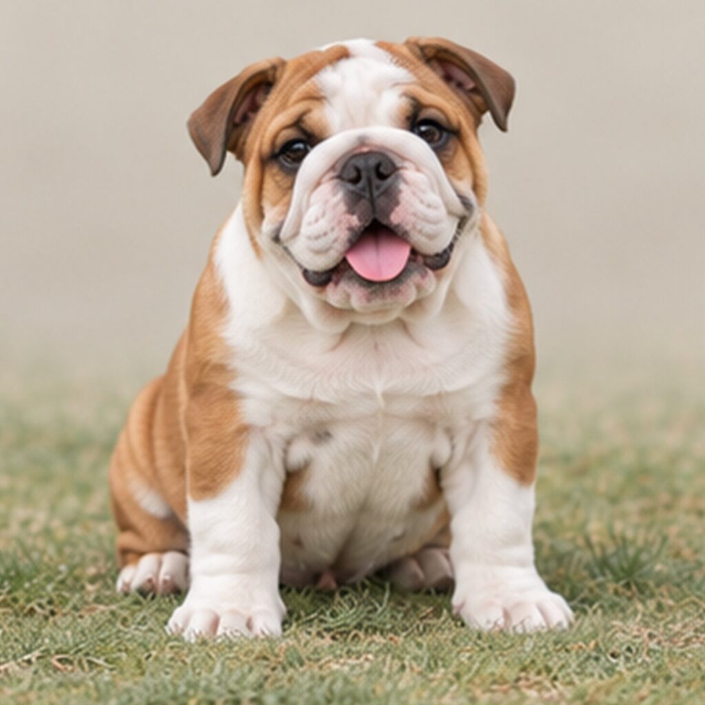 Stocky English Bulldog with loose skin, brindle coat, and expressive face