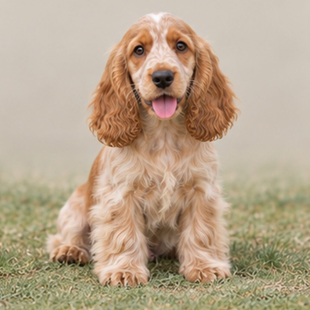 Golden-brown English Cocker Spaniel sitting proudly with long, wavy ears