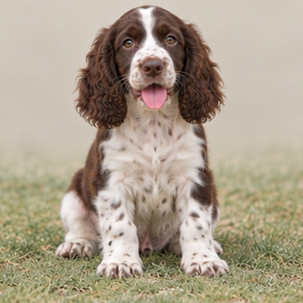 A playful English Springer Spaniel with a liver and white coat, standing proudly