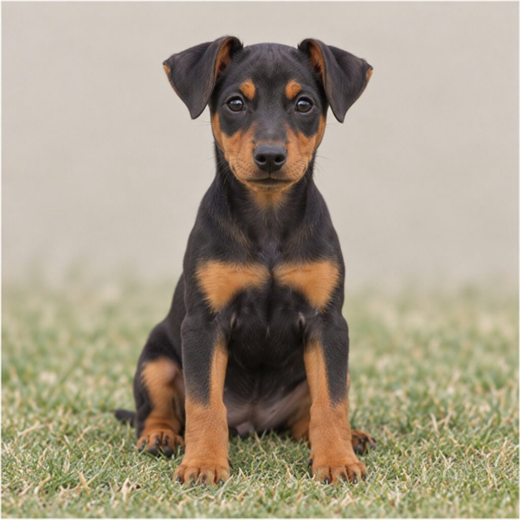 Sleek black and tan dog standing alert with a proud posture